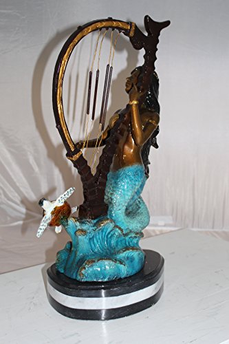 Mermaid Play Harp Bronze Statue - Size: 13" L X 8" W X 22" H. #TOP6