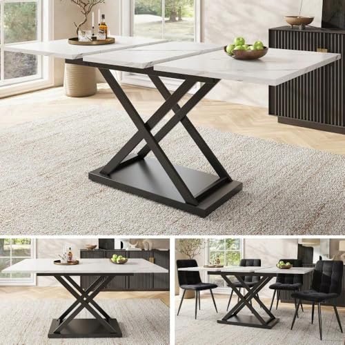 Mesa de comedor extensible – Sofá telescópico de 120 – 160 cm, bandeja de mármol blanco y estructura en X negra (blanco+negro+MDF+metal)