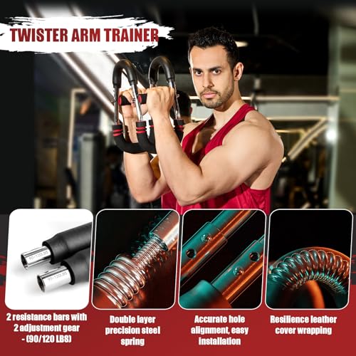 Image of Twister Arm Trainer, 90-120 lbs Adjustable Twister Arm Chest Exerciser with 2 /4 Spring & Poster for Men & Women, Detachable Power Twister Home Fitness Equipment for Enhancing Upper Body Muscle -Red