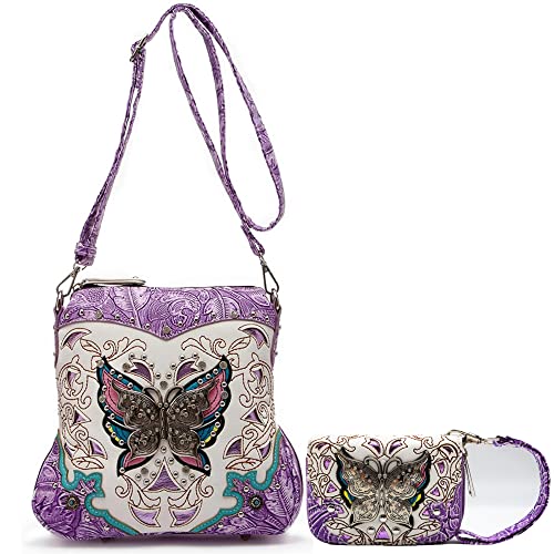 Butterfly Flower Concealed Carry Purse Women Spring Rhinestone Crossbody Handbags Single Shoulder Bag (#2 Purple Set)