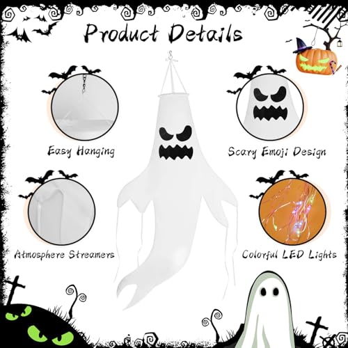 Halloween Ghost Windsock, 2 Pcs Scary Halloween Hanging Decorations With 4 LED Lights - Image 3