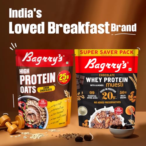 Image of Bagrry's High Protein Oats with 25g Protein per 100g- 750g Pouch | Dark Chocolate Oats with Raisins & Pumpkin Seeds | Whey Protein & Plant Protein Blend | High Fibre Breakfast Cereal | Instant High Protein Meal | Rolled Oats | No Refined Sugar | No Added Preservatives | Non GMO