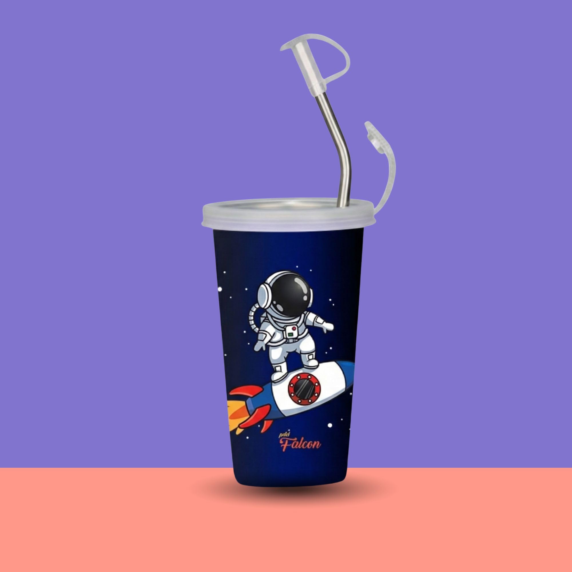 PDDFALCON Stainless Steel Glass/Tumbler, Astronaut Dark Blue, 450ml | Cartoon Print, Steel Straw Included, Cleaning Brush Included, Food Grade Cap, 100% Leak Proof-picture-24