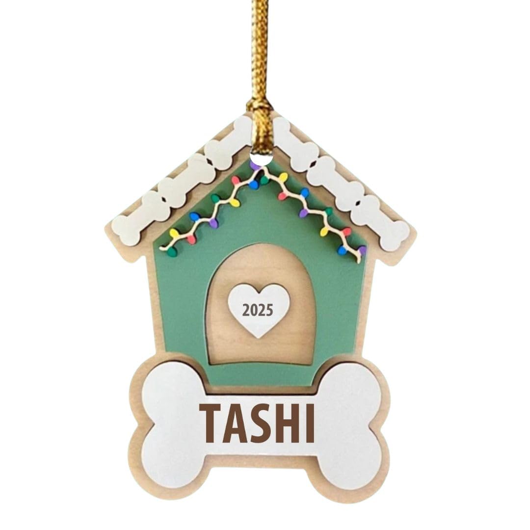 TPJ Handmade Resin Customized Pet Name Christmas Ornaments Tree Decoration with Dog Cat Photo, Personalized Unique Cute Pet Lovers Gift for Dog Pet, Xmas Holiday Keepsake – Holiday Dog House Green