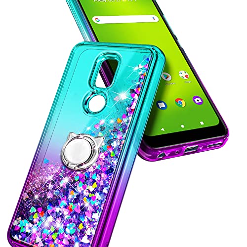Nznd Case For At&T Motivate 3 (3Rd Version)/ Motivate 2 (2Nd)/ Cricket Icon 3/ Cricket Splendor With Tempered Glass Screen Protector, Ring Holder/Wrist Strap, Glitter Liquid Cute Case (Aqua/Purple) #TOP3