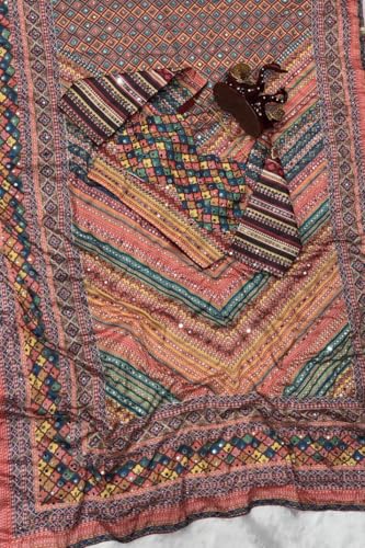 Image of Women's Chinon Silk Saree with Printed Design, Mirror Work & Zari Woven Detailing | Ethnic Wear Saree with Unstitched Blouse Piece | Traditional Festive & WeddingWear