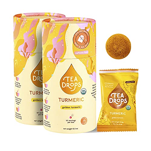 Tea Drops Organic Turmeric Tea - Bulk Pack of 20 Lightly Sweetened, Loose Leaf, Pressed Organic Tea - Herbal Turmeric Tea Blend To Go - Iced or Hot Bagless Tea Gift
