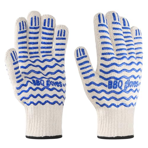 Oven Glove, 932°F Extreme Heat Resistant Gloves, Non Slip Gloves with Fingers, Used for Kitchen Pot Racks, Ovens, and Outdoor Barbecue Cooking hot Surface Treatment (1 Pair of Blue)