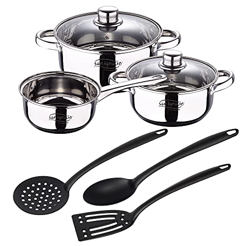 SAN IGNACIO Batteria 5 pezzi in acciaio inox: pentola Ø16 x 7,5 pentole di Ø18 x 8,5 e Ø20 x 9,5 cm, induzione + set 3 utensili da cucina in nylon