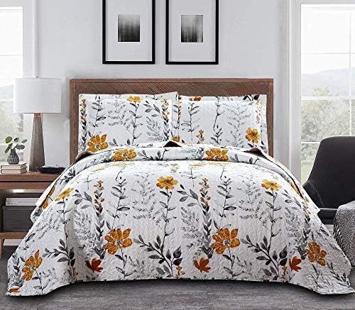 Bedspread Coverlet Set Queen Size Floral Quilts Set Bedding Lightweight Floral Quilt Collection Home Reversible Quilt Bedspread Sping Leaves Yellow Flower Quilt Bedding Garden Bedspread+2 Pillow Shams