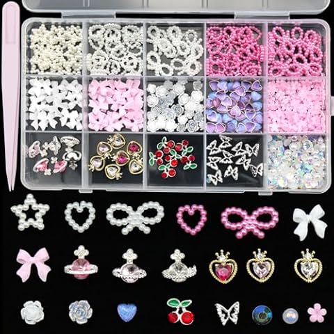 White Bow Rose Flowers Nail Charms 3D Hollow Heart Star Bowknots Pearls Assorted Acrylic Nail Charms Mix Pearls, Silver Planet Star Butterfly Alloy Nail Gems Charms for Nail Art DIY Accessories Cover