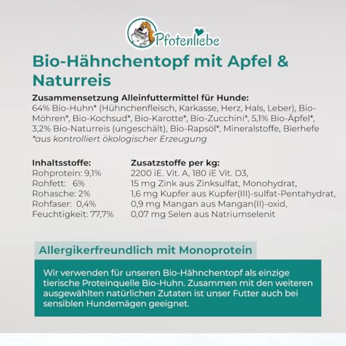Pfotenliebe® Bio-Nassfutter für Hunde, Bio-Hähnchentopf mit Apfel und Naturrreis, natürlich ohne Chemie und mit Qualitätsgarantie, 200g (Dose)