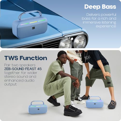 Image of Zebronics Sound Feast 45 Portable Bluetooth Speaker, 20W RMS, Up to 5h Playback, 6.6cm Driver, Deep Bass, 4 RGB Modes, BT v5.4, USB, mSD, TWS, Type-C Charging, Carry Handle (Blue)