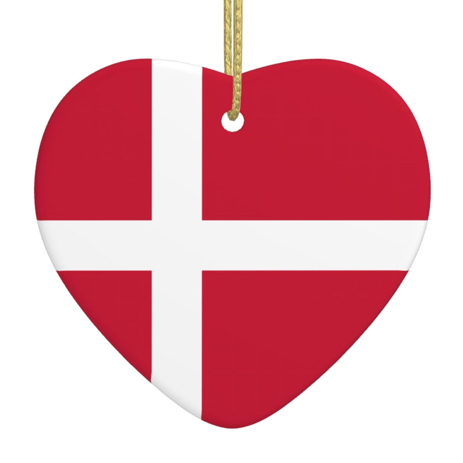 Danish Flag Ceramic Christmas Heart Pendant with Silk Thread, Christmas Tree Home Decoration