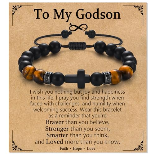 PODLEV Cross Bracelet Gifts for Godson- Adjustable Natural Stone Stretch Religious Beaded Bracelets for Him, To My Godson Bracelet Christmas Birthday Graduation Easter Baptism Christian Gifts