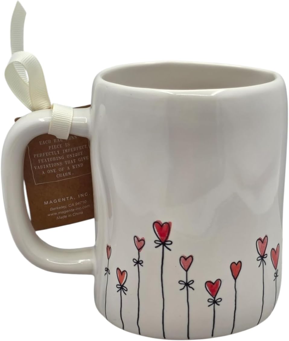Rae Dunn Love Ceramic Coffee Mug, Valentine's Day Themed mug with heart shaped Balloons Detail.