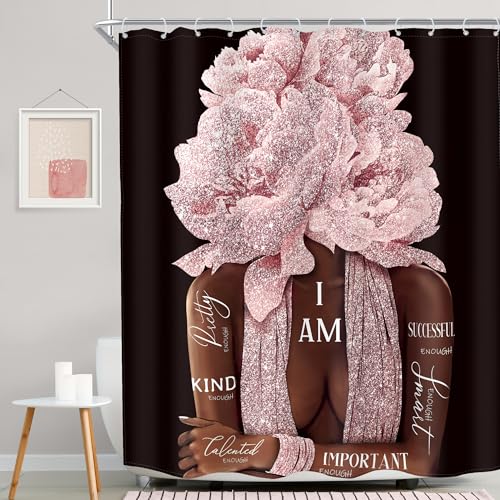 MESHELLY Black Girl Shower Curtain 60Wx72H Black Pink Shower Curtain (Not Glitter) African American Peony Floral Aesthetic Black Woman Positive Quote Bathroom Decor Fabric with 12 Hooks by MESHELLY - Image 2
