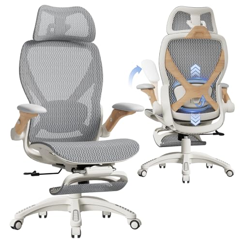 ELABEST X100 Ergonomic Office Chair with Footrest, Big and Tall Home Desk Chair with 5D Flip-Up Arms, Adjustable 7D Lumbar Support,High Back Rolling Computer Chair, Swivel Mesh Chairs (Foggy Morning)