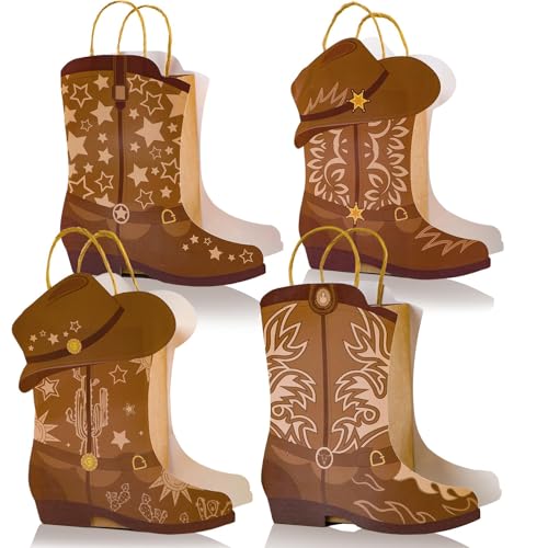 12Pcs Cowboy Boots Paper Bags Western Theme Party Decorations Favors Wild West Kraft Gift Bag with Handles Rodeo Cowgirl Boot Hat Goodie Bag for Cowboy Birthday Bachelorette Baby Shower Party Supplies