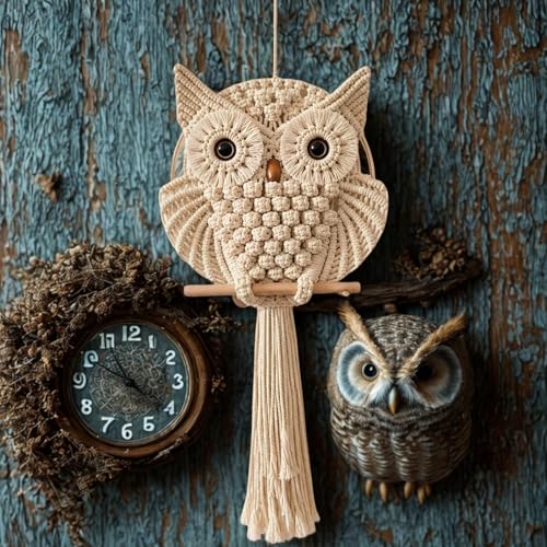 Image of tms Bohemian Owl Macrame Wall Hanging, Handcrafted Boho Chic Accent, Yellow Light, 30.5 x 58.4 cm, for Home, Office, or Living Room