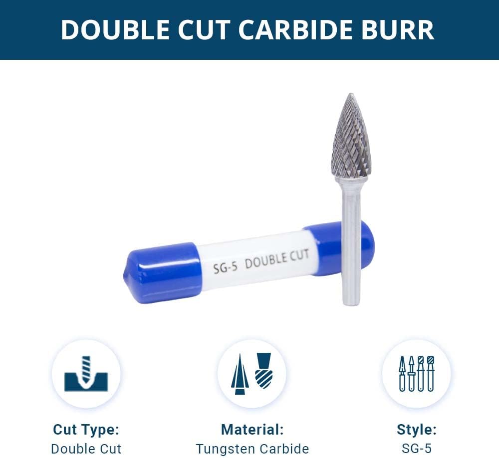 Benchmark Abrasives Pointed Tree Shape Round Nose Premium Double Cut Tungsten Carbide Burr for Metal Wood Welding Deburring High-Speed Die Grinders enclosed in Plastic Capsule 1/4" Shank (SG-5)