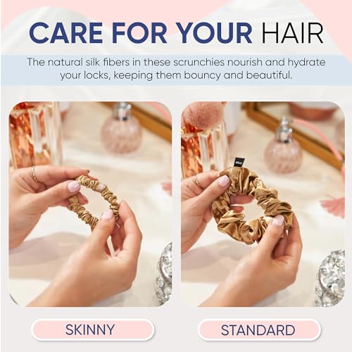 Image of Blissy Silk Scrunchies (3 Pack) - 100% Pure Mulberry Silk - 22 Momme 6A High-Grade Fibers Scrunchie for Straight & Curly Hair - Preventing Breakage, Tangling, & Creasing (Gold Regular)