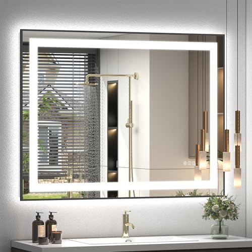Image of 40x32 LED Bathroom Mirror with Black Frame, Dimmable Vanity Mirror with Lights for Wall, Backlit and Front Lighted, Memory, Anti-Fog, ETL Listed(Horizontal /Vertical)