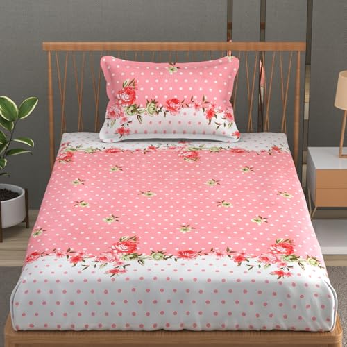 Image of Premium Heavy Cotton Elastic Fitted Bedsheets with 1 King Size Pillow Covers | Single Bed with All Around Elastic 350 TC | 36 x 78 x 6 Inch Single Size Fitted | - Pink Dot