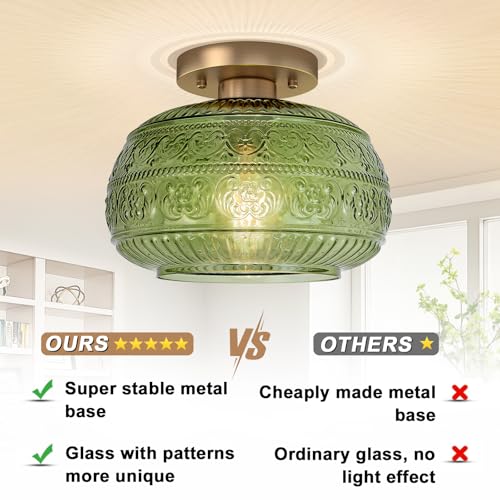Semi Flush Mount Ceiling Light, Upgraded Modern Close to Ceiling Light Fixture with Green Glass,Gold Indoor Kitchen Lighting for Porch Corridor Hallway Bedroom, Bulb Not Included