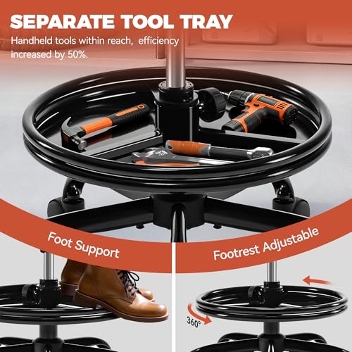 Image of BestGlory Shop Stool with Wheels for Garage, Mechanics Rolling Chair with Backrest, Adjustable Height Heavy Duty Garage Stool with Footrest and Storage Tray, Swivel Task Chair for Workshop Salon