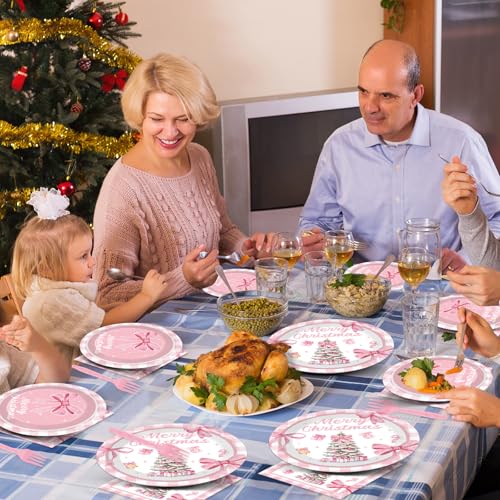 Image of 96Pcs Pink Christmas Tree Party Decorations Pink Bow Plates and Napkins Tableware Buffalo Plaid Dinnerware for Merry Xmas Winter Holiday Party Supplies 24 Guests