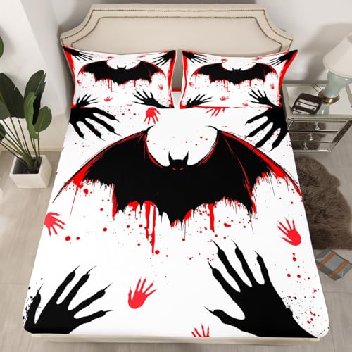 Halloween Fitted Sheet Full Size,Black Bat Fingerprint Gothic Style Soft Fabric Deep Pocket Kids Mattress Cover,Red Blood Graffiti Tie Dye Bed Cover with 2 Pillowcases (No Top Sheet)