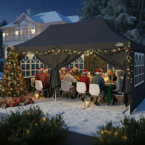 Image of COBIZI 10x20 Pop Up Canopy with 6 Sidewalls, Conical Canopy Tents for Parties, Backyard, Commercial, Waterproof Event Tent Instant Shelter UV50+ Outdoor Gazebo with 4 Sandbags (Peak Drainage)