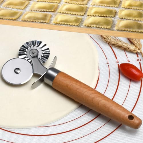 MTOMDY Stainless Steel Double Roller Pastry Wheel Cutter with Long Wooden Handle,Pizza,Ravioli Wheel,Multipurpose Pasta Cutter Wheel for Kitchen