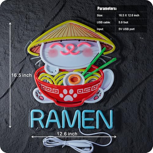 Image of Fortune Cat Ramen Neon Sign Dimmable Japanese Lucky Cat Noodle LED Lights for Wall Decor USB Powered Neon Signs for Ramen Shop Restaurant Bar Party Bedroom Birthday Gifts (16.5 * 12.6in)
