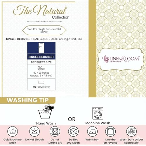 Image of Linen & Loom The Natural Collection - 100% Pure Cotton Single Bedsheet (60 x 90 Inches) with 1 Pillow Cover | 240 TC - Soft & Breathable Cotton Bed Sheet for Bedroom (Azure Song)