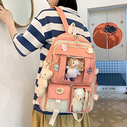 AONUOWE Kawaii Backpack with Cute Pins and Pendants 5Pcs Set Preppy Rucksack for Teen Girls School Bag Aesthetic Backpack (Pink)2