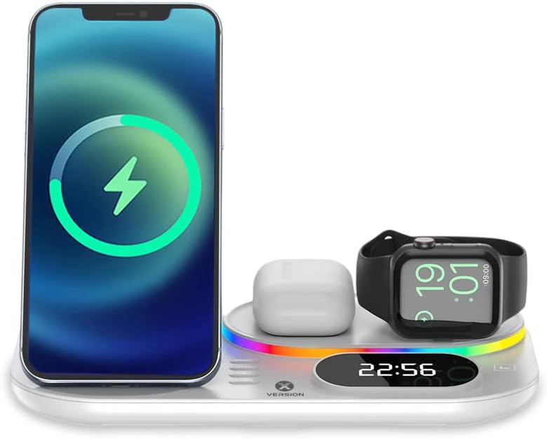6 in 1 Wireless Fast Induction Charger Station, XVersion 15W Qi Multi-Device Foldable Charger Stand Clock Stations for Apple iPhone 15/14/Air pods/iWatch 1 Year Manufacturer Warranty - White