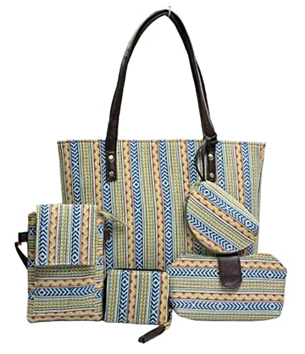 Image of P S Traders Online Women's Ladies Traditional Ikkat Cotton 5 Pieces Combo Bag Color Sky Blue