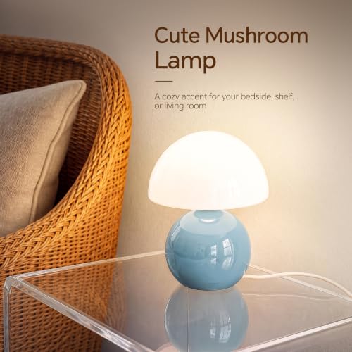 Image of Dawnwake Mushroom Lamp Table Lamp for Bedroom-Small Desk Table Lamps,Blue | 8.7 inch Mid Century Modern Table Lamps for Living Room Bedroom Decor,Cute Ceramic Lamps for Mushroom Home Room Decor,Glass Shade