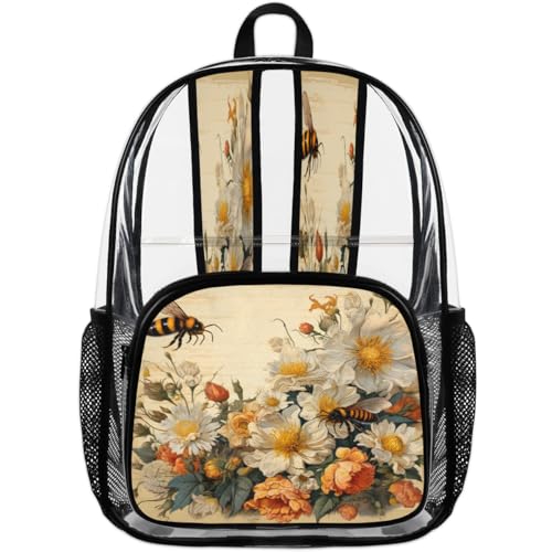 Vintage Bee Clear Backpack for Stadium Events, Bumblebee Flowers Waterproof Clear Bag for Women Men Adult Sport Work Daily Music Festival and Concerts4