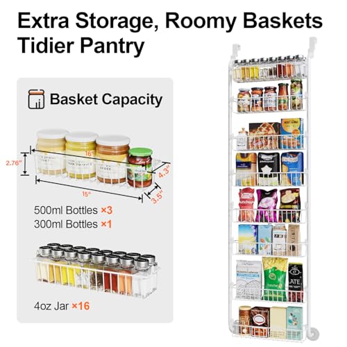 Image of Delamu Over The Door Pantry Organizer, 8-Tier Metal Pantry Door Organization and Storage for Easy Install, Hanging Spice Rack Seasoning Shelves, Door Organizer for Kitchen, 4.65 inchD x 18 inchW x 65 inchH, White