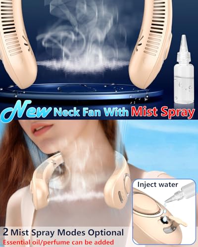 Image of Neck Fan that Blow Cold Air with Mist Spray, Rechargeable with Long Battery Powered, Foldable Water Cooler with LED Display, Leafless Necklace Fans for Women Adult Hot Flashes Summer Outdoor, Apricot