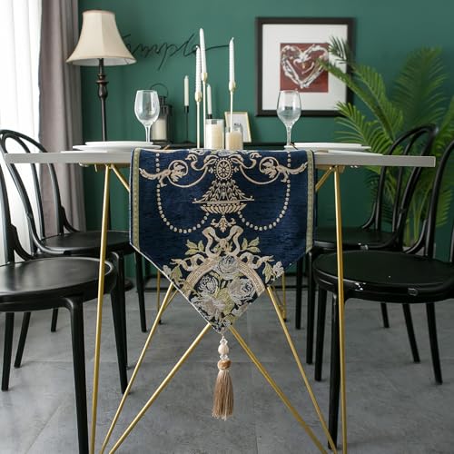 auons Camino de mesa de jacquard vintage, elegante chenilla bordada, bufanda con borlas para comedor, mesa de café, estilo de lujo ligero, azul, 13 x 72 pulgadas