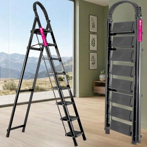 Image of Casa Copenhagen Black 8 Step Ladder for Home Use with Built-in Tool Tray | Heavy Duty D Shape Rods | Ultra Large Platform | Wide Rubber Feet | 150Kg Capacity Foldable Ladder - 7 Years Warranty