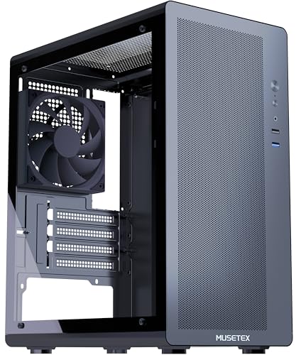 MUSETEX Micro ATX Case, 1 Non-RGB 120mm Fan MATX PC Case, Mesh Front, Computer case with Tempered Glass, Magnetic Patterned Dust Filter, Black(M1)