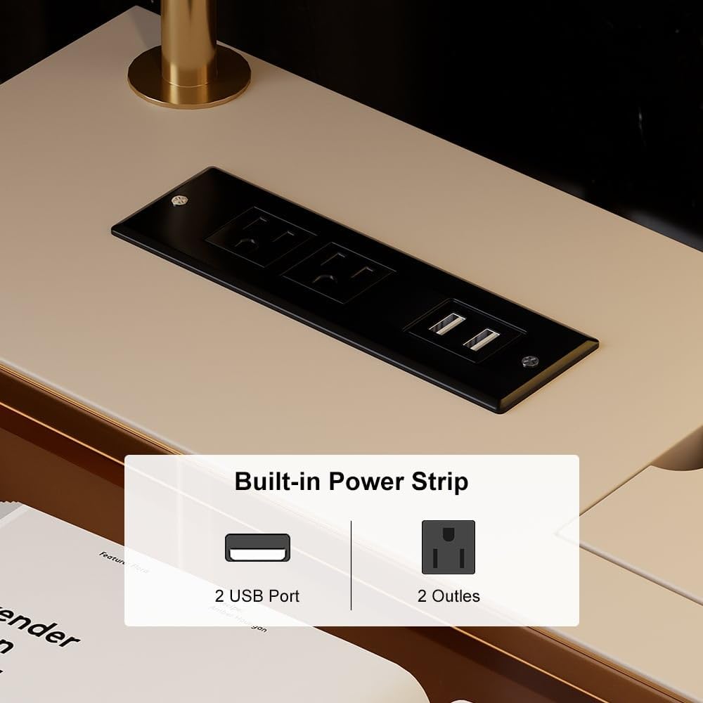 Built-in power strip with 2 USB ports and 2 outlets