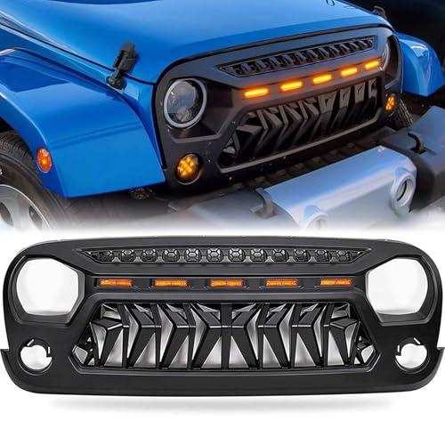 Grill Compatible with The Following Models:Jeep Wrangler 2007-2018 JK JUK Shark Grille Accessories Matte Black with 5 Amber Lights Including Unlimited Rubicon Sahara Sport