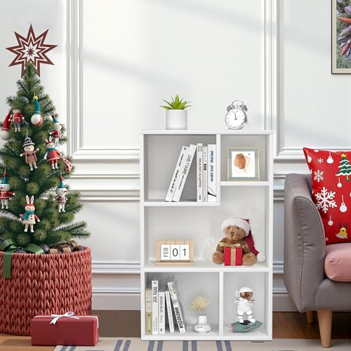 VECELO Modern White Bookshelf, 31.3" H Freestanding Wide Open Cubby Storage Cabinet, Uneven Compartments, Thickened Board, Fits Large US Textbooks, for Bedroom Dorm Home Office - Image 5