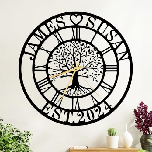 EXUNART Personalized Metal Large Wall Clock, Custom Family Name Metal Sign, Silent Clock, Custom Wedding Anniversary Wall Clock,